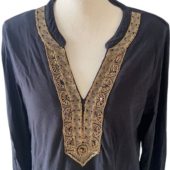 Lucky Brand Tunic Black Gold Beaded Embroidered Size S Cotton India - Picture 6 of 12